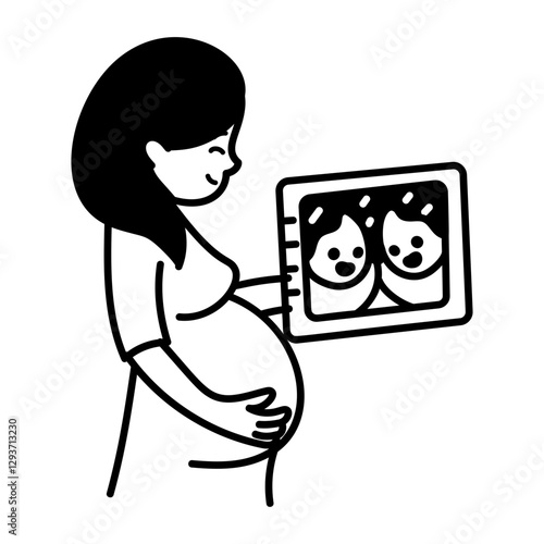 Woman expecting twin pregnancy, doodle icon

