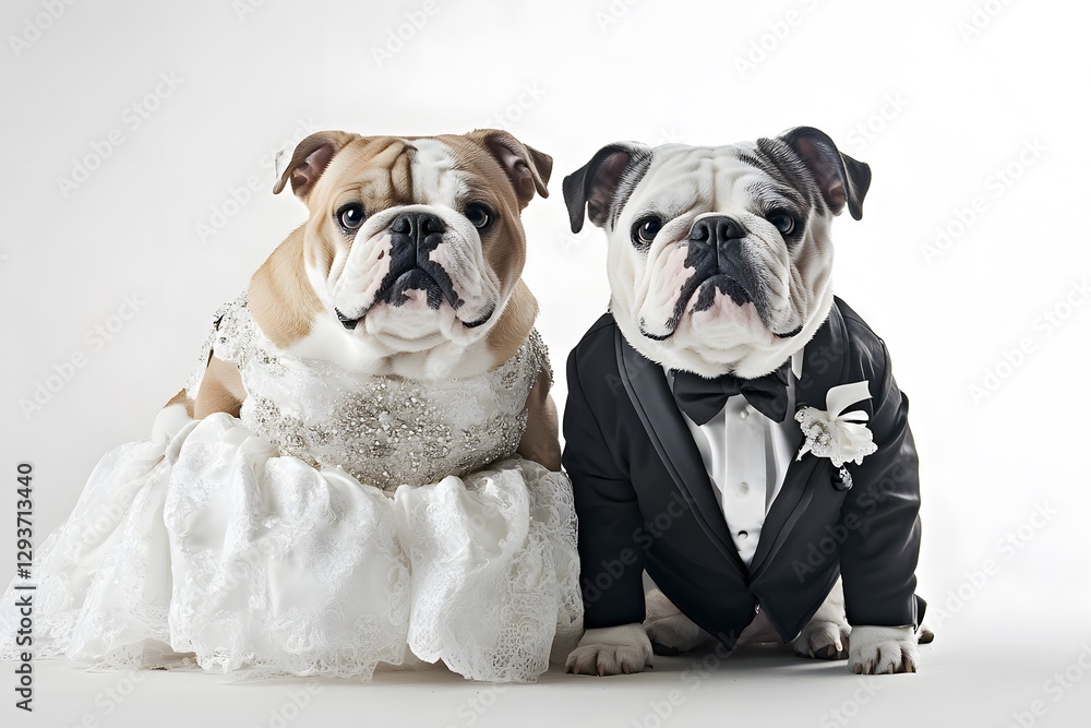 Obraz premium Heartwarming Love: Bulldogs in Wedding Attire Celebrate Creativity and Affection in Pet Photography