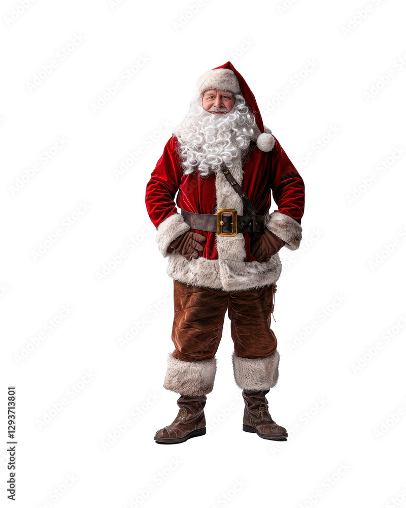 Jolly Santa Claus Standing with Hands on Hips in Festive Attire with Traditional Christmas Costume and Warm Smile Jolly Santa Claus Standing with Hands on Hips in Festive Attire with Traditional Christmas Costume and Warm Smile