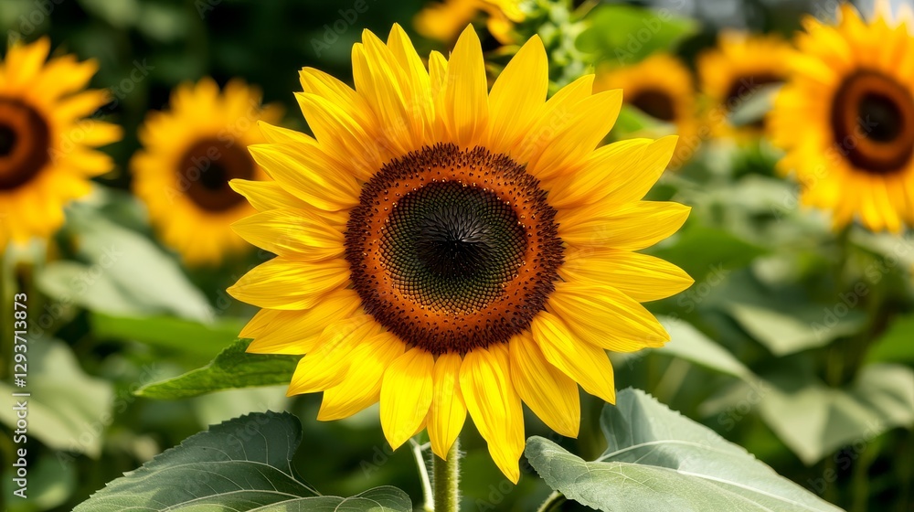Naklejka premium Golden sunflower field with dappled sunlight, bright and cheerful scenery.