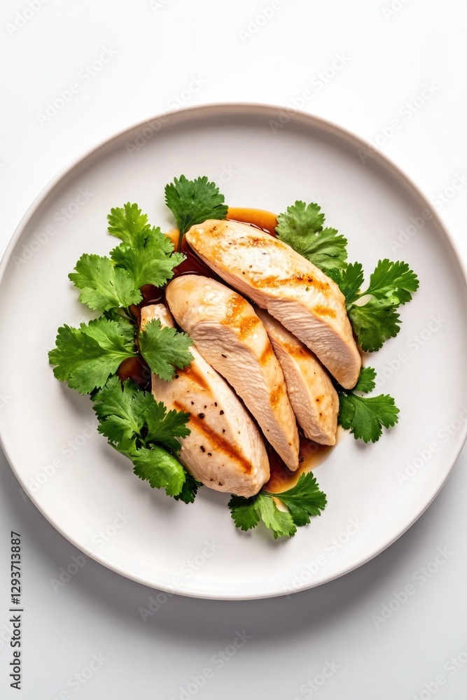 Grilled chicken fillets arranged on fresh cilantro, showcasing v Grilled chicken fillets arranged on fresh cilantro, showcasing v