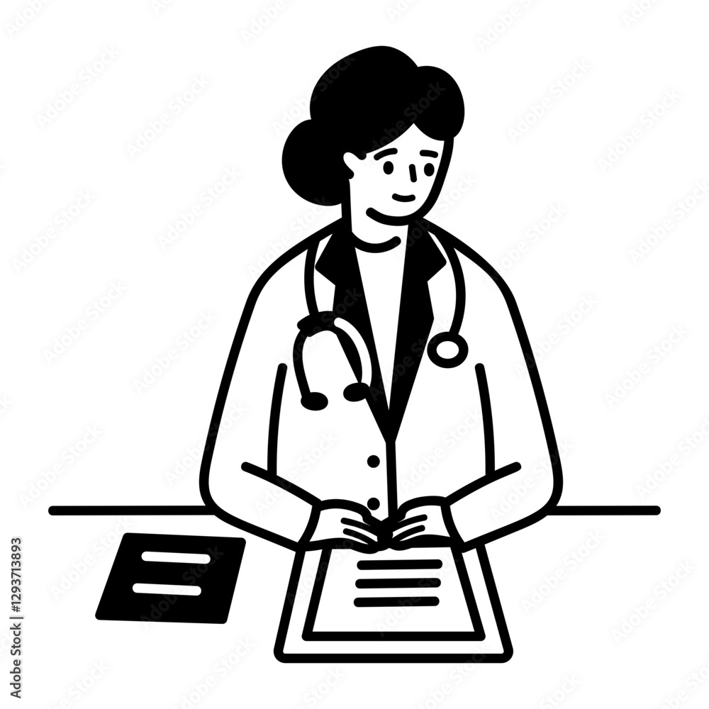 Female doctor sitting at her desk, doodle icon
Female doctor sitting at her desk, doodle icon