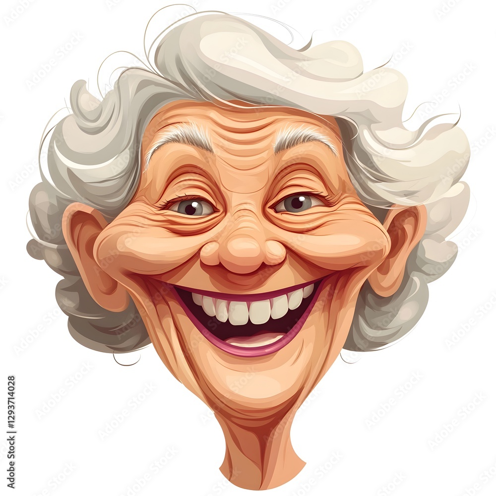 Joyful elderly woman with curly gray hair expressing happiness and warmth in a cheerful caricature style Joyful elderly woman with curly gray hair expressing happiness and warmth in a cheerful caricature style