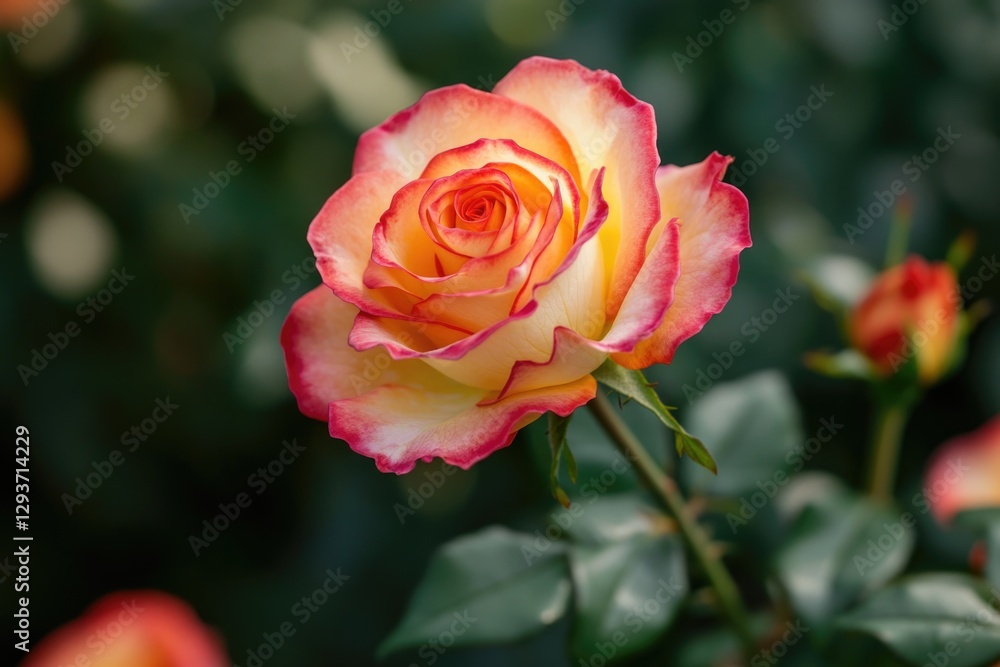 A vibrant pink and yellow rose blooms in a lush green garden, perfect for decorative or editorial use A vibrant pink and yellow rose blooms in a lush green garden, perfect for decorative or editorial use