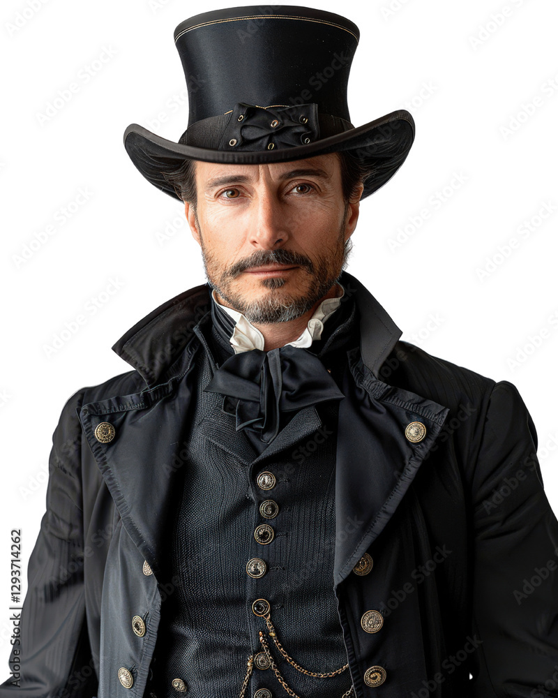 Elegant Victorian Man in Formal Attire with Top Hat and Regal Accessories, Captivating Portrait Photography Elegant Victorian Man in Formal Attire with Top Hat and Regal Accessories, Captivating Portrait Photography