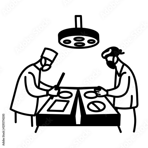 Gynaecologist surgeons in labor room, hand drawn icon

