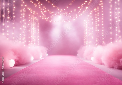  A pink carpet on the stage, surrounded by lights and decorations, creates an atmosphere of luxury and elegance for fashion shows or events.