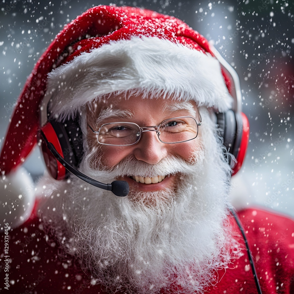 Cheerful Santa Claus in Headset with Snow Falling Background Cheerful Santa Claus in Headset with Snow Falling Background