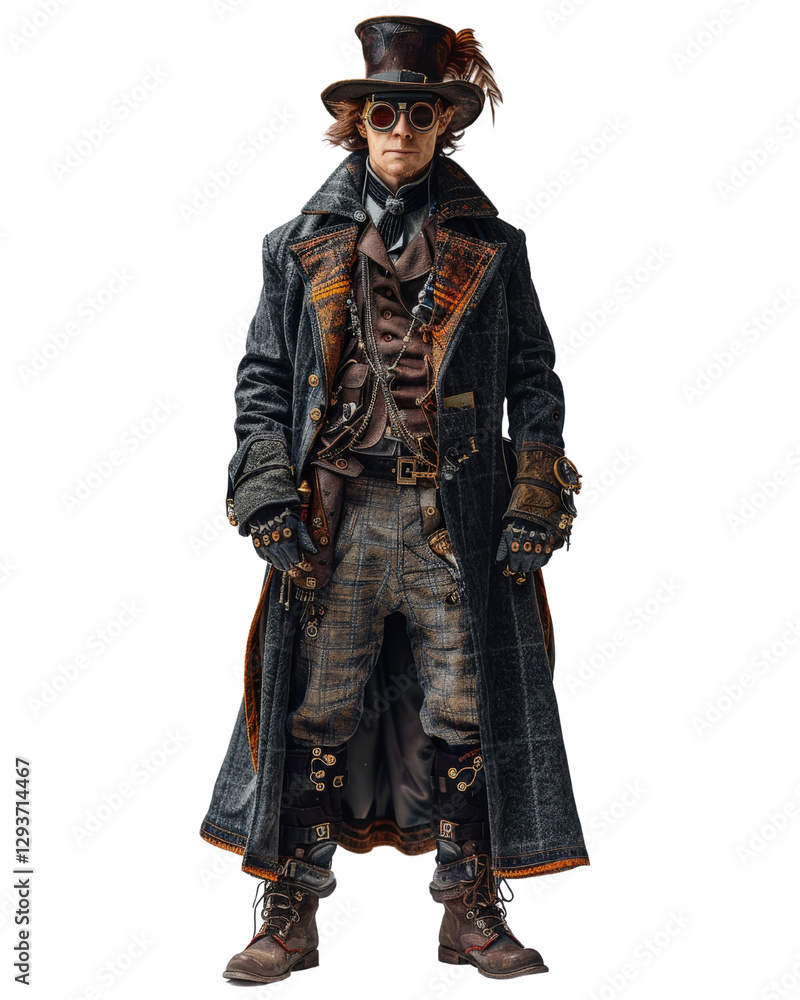 Steampunk gentleman attire with goggles, coat, and accessories showcasing Victorian-inspired fashion and style Steampunk gentleman attire with goggles, coat, and accessories showcasing Victorian-inspired fashion and style