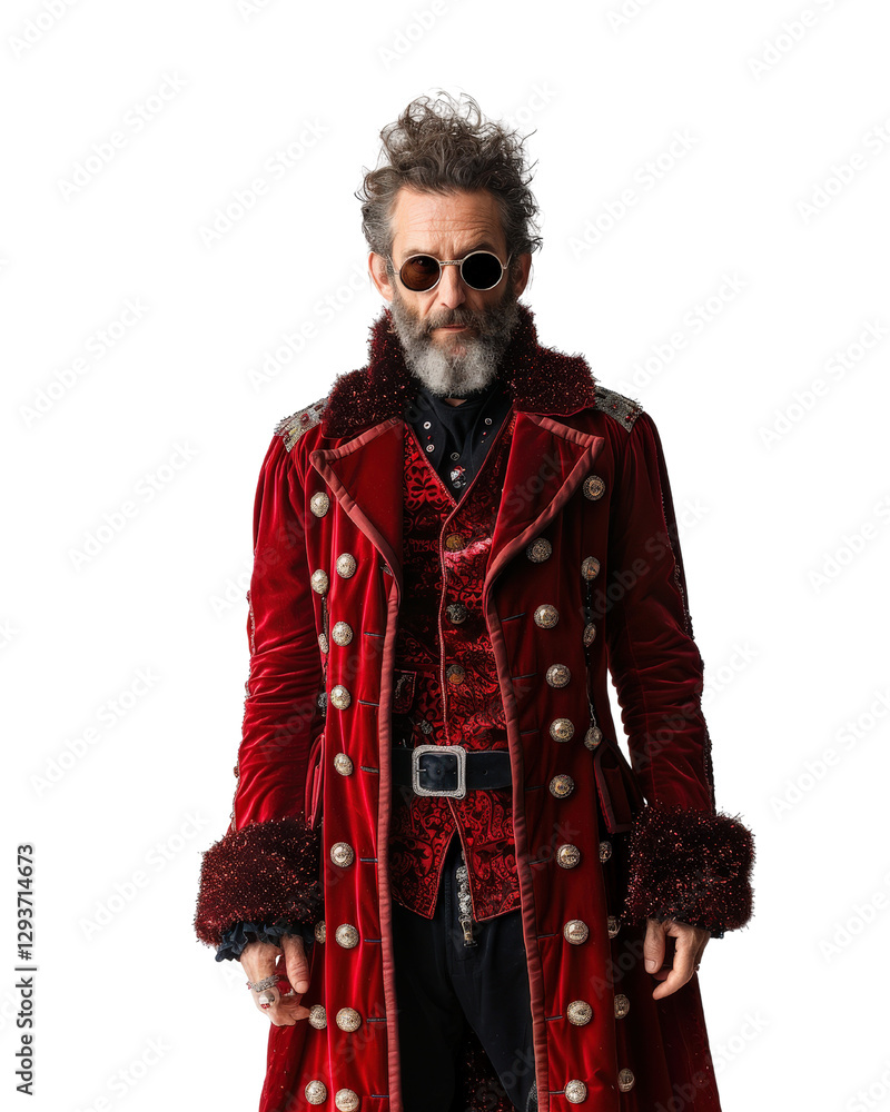 Distinguished gentleman in extravagant red coat with unique sunglasses and impressive beard, fashion and style concept