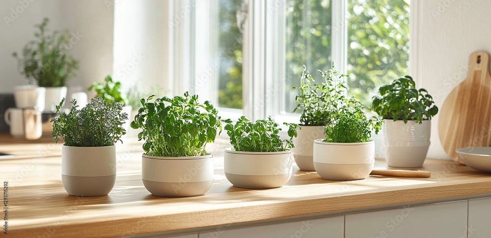 Fototapeta premium Sunlight Illuminates Fresh Herbs in White Pots on a Kitchen Counter