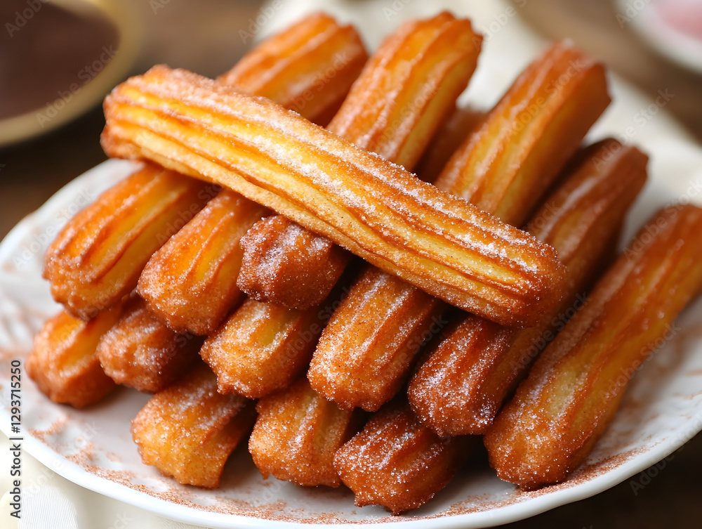 A rich and velvety Spanish churros con chocolate dusted with cinnamon sugar. A rich and velvety Spanish churros con chocolate dusted with cinnamon sugar.