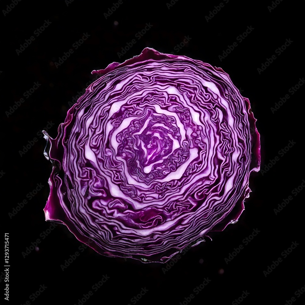 Obraz premium A captivating sliced purple cabbage levitates in a black void, with its intricate veins and layers softly illuminated.