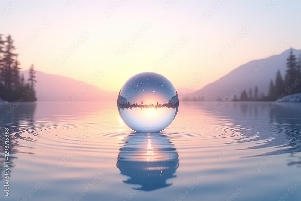 An infinite, calm water surface stretches across the scene, reflecting the soft pastel hues of a serene sunset. An infinite, calm water surface stretches across the scene, reflecting the soft pastel hues of a serene sunset.