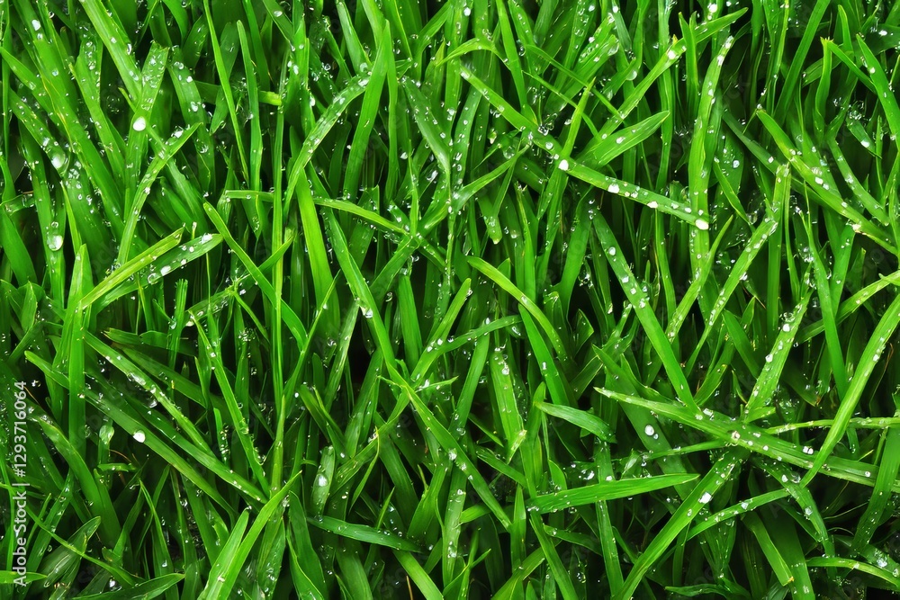 Obraz premium lush green grass glistening with dewdrops after fresh rain, Generative AI
