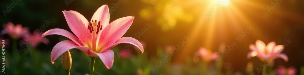 Pink lily flower sways gently in the sun's rays, pink, white, garden Pink lily flower sways gently in the sun's rays, pink, white, garden