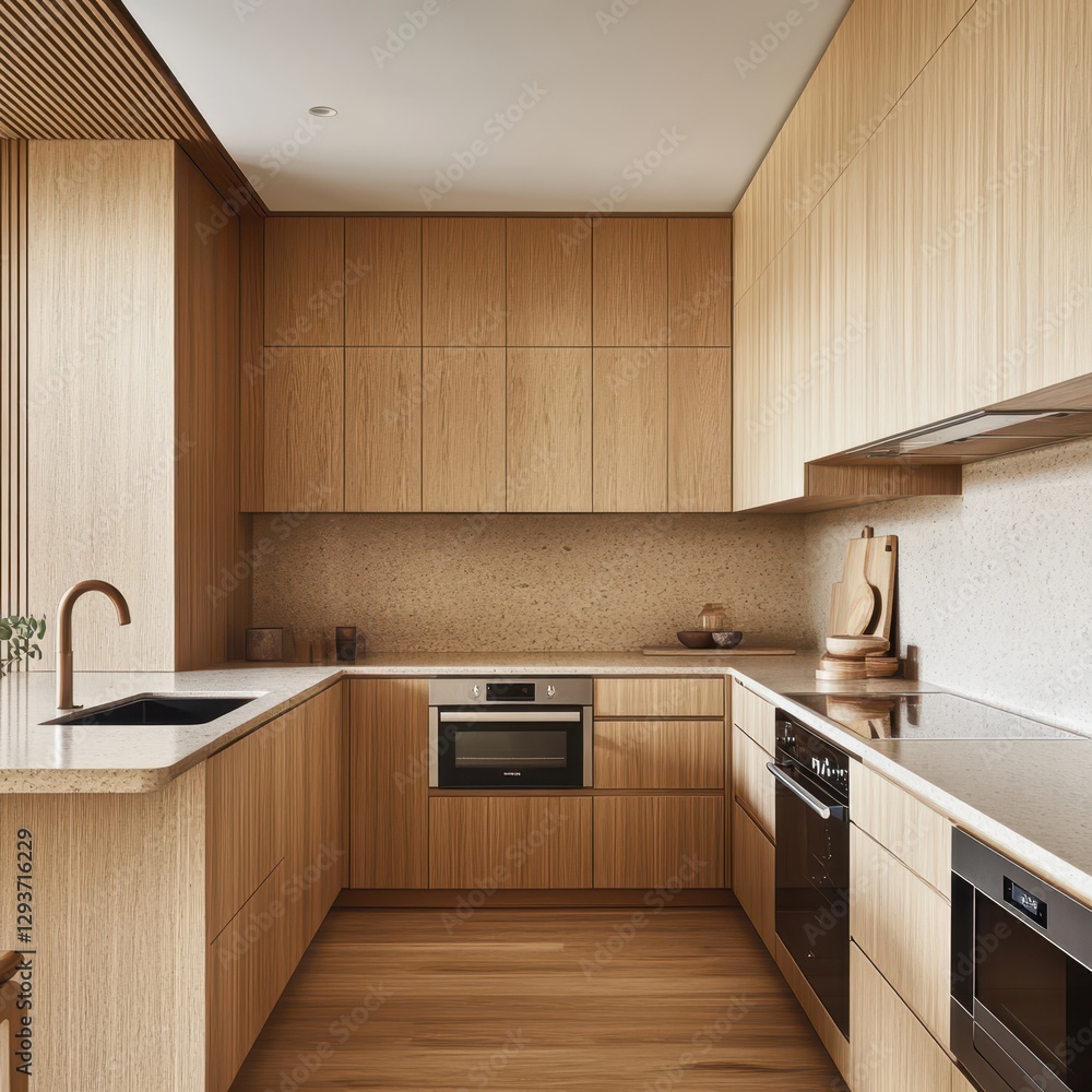 Fototapeta premium A modern kitchen with beautiful wooden cabinetry and details