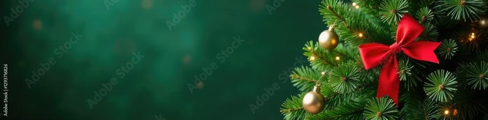 Simple green Christmas tree with red ribbons and bows, winter decor, ribbons, greenery Simple green Christmas tree with red ribbons and bows, winter decor, ribbons, greenery