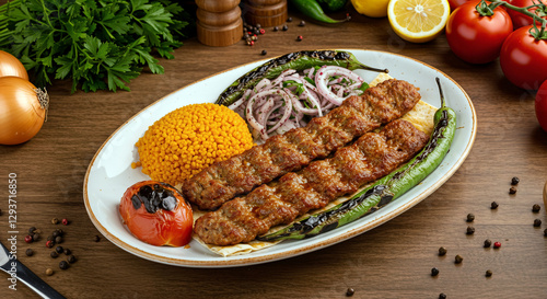 Turkish adana kebap plate with bulgur and vegetables - Turkish cuisine kebap in an oval plate on wooden table with ingredients around