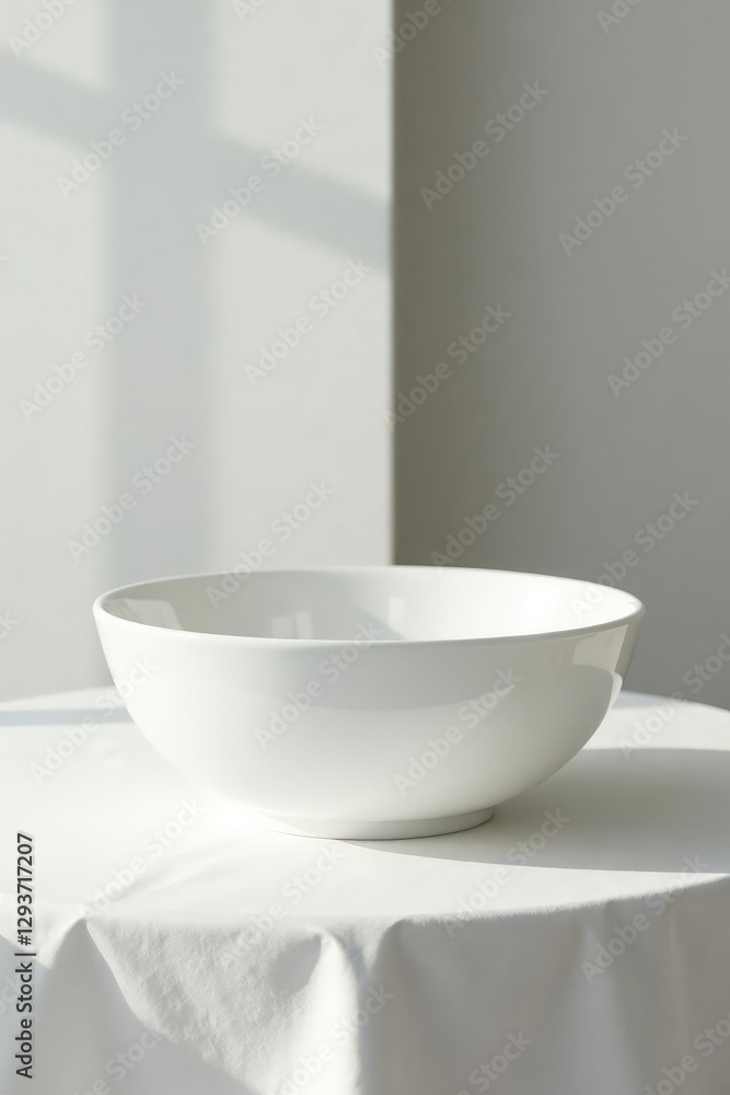 Simple white ceramic bowl on a pristine tablecloth, elegance, still life Simple white ceramic bowl on a pristine tablecloth, elegance, still life