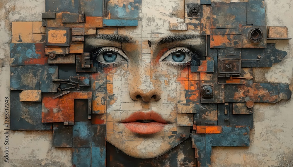 Eclectic Mix Media Portrait of Woman, Abstract Geometric Collage Art
