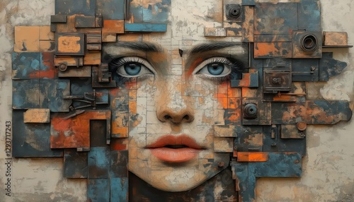 Obraz na płótnie Eclectic Mix Media Portrait of Woman, Abstract Geometric Collage Art w salonie