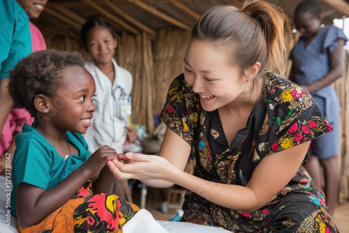 Humanitarian aid in African villages. Medical volunteers helping African kids. Nurses making healthcare exam.