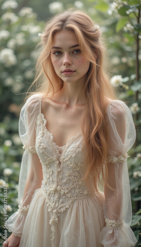 Naklejka premium Young woman in vintage-inspired, intricately embroidered white lace dress stands in lush garden. Romantic and ethereal look. Wedding, fashion, and lifestyle themes.