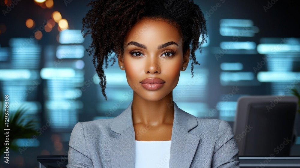 Fototapeta premium Portrait of a confident and ambitious African American female executive wearing formal business attire standing in an illuminated urban environment with city lights and bokeh effect in the background
