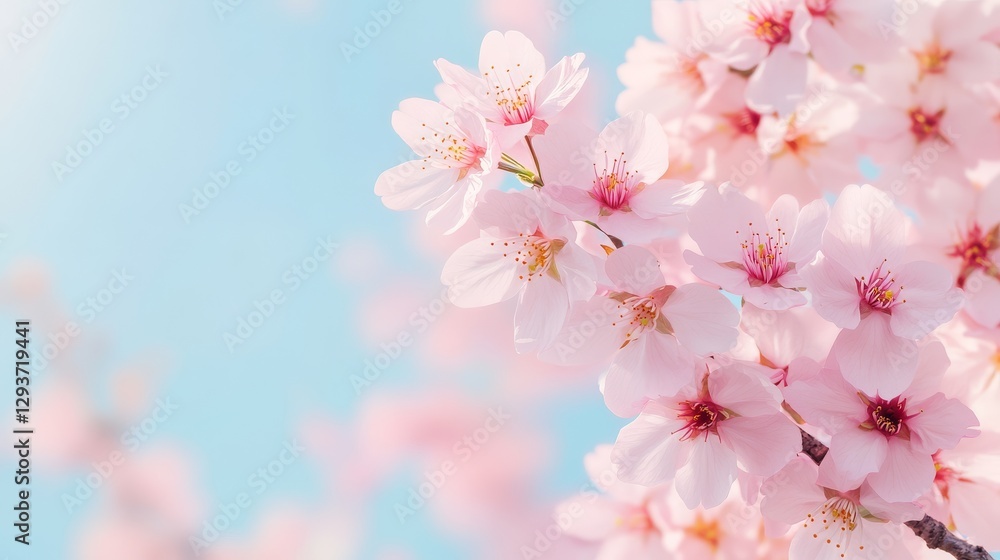 Obraz premium Romantic cherry blossoms glowing under soft dappled sunlight, pink pastel dreamscape.