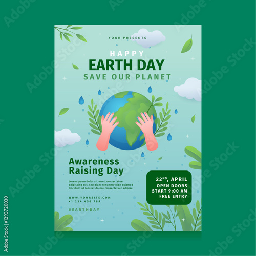 Poster advertising an Earth Day event with hands holding the globe. Suitable for environmentally themed promotions, Earth Day campaigns, and sustainability events.