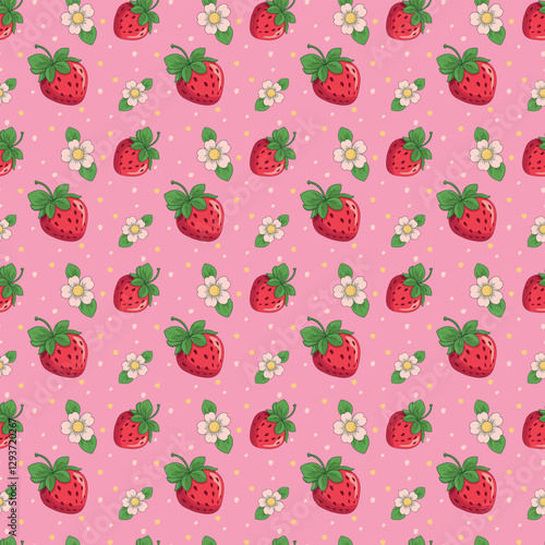 Strawberry seamless pattern. Repeating pattern with strawberries. Summer pattern on pink background. Juicy red seamless strawberries with flowers
