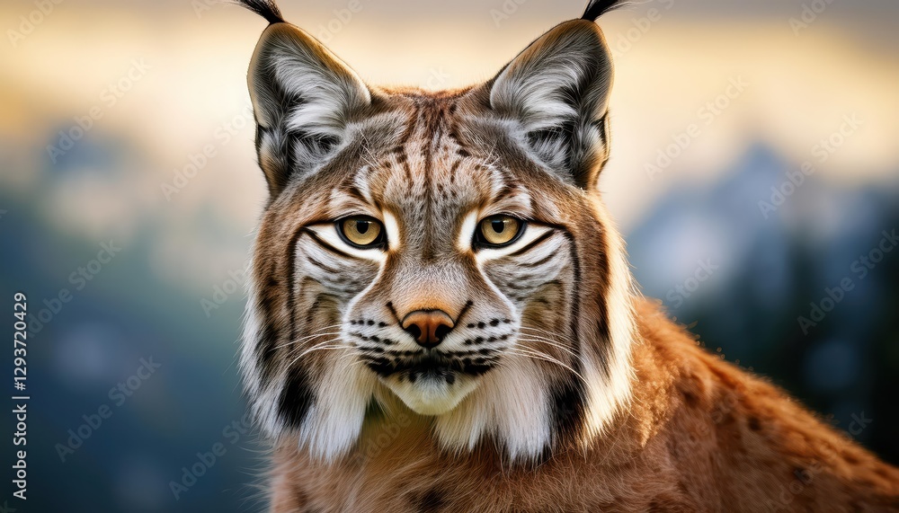 Lynx Basking in Snowy Forest at Twilight, Majestic Creature Illuminated by Warm Amber Glow, Set Against a Backdrop of Conifer Trees and Frosty Landscape Lynx Basking in Snowy Forest at Twilight, Majestic Creature Illuminated by Warm Amber Glow, Set Against a Backdrop of Conifer Trees and Frosty Landscape