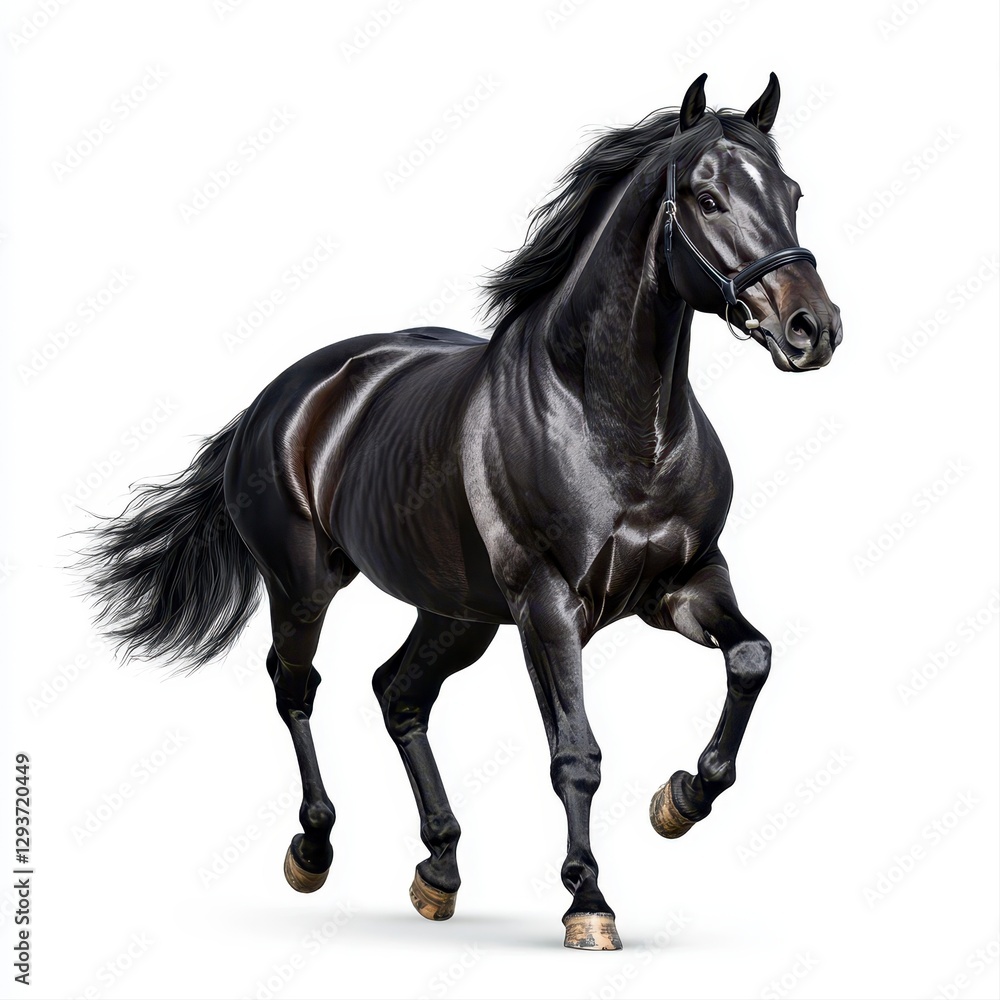 Fototapeta premium Majestic black horse galloping gracefully on a pure white background with dynamic motion and powerful presence