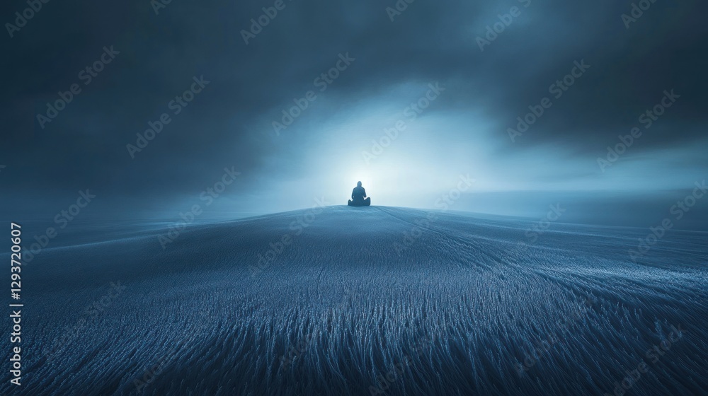 Solitude in the vast expanse of a bleak, cold landscape under a brooding sky. A lone figure sits, contemplating the serene yet harsh beauty of nature. Solitude in the vast expanse of a bleak, cold landscape under a brooding sky. A lone figure sits, contemplating the serene yet harsh beauty of nature.