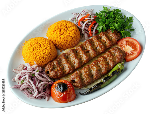 Turkish adana kebap plate with bulgur and vegetables - Turkish cuisine kebap in an oval plate, transparent PNG background