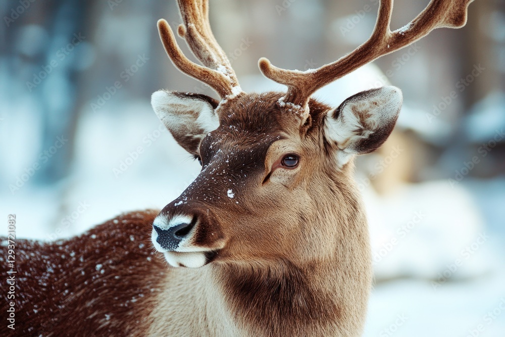 Fototapeta premium A deer's face in winter scenery with snow
