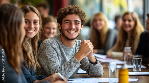 A group of students in a bright, modern café or study space, talking and laughing