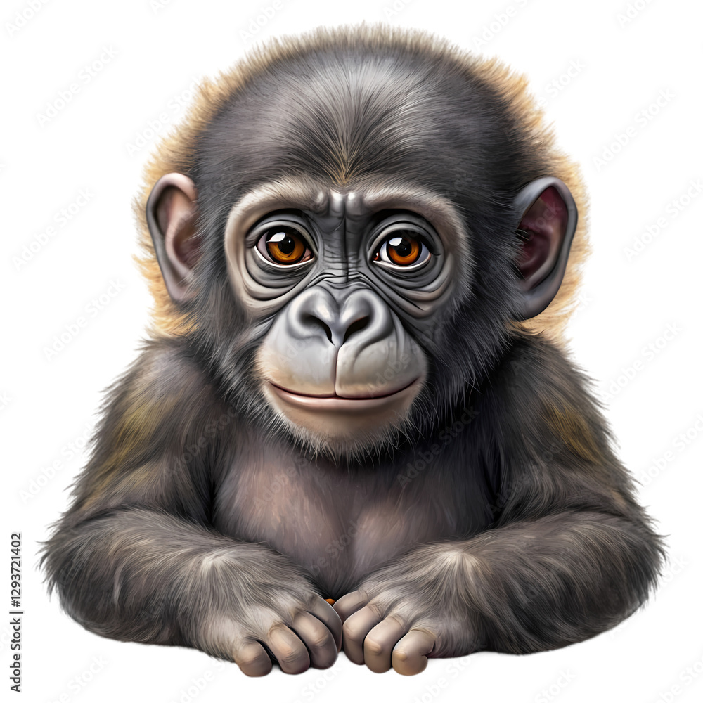 Obraz premium Adorable Baby Gorilla Portrait Digital Painting Wildlife Art Cute Ape gray hair eyes face hand paws 
