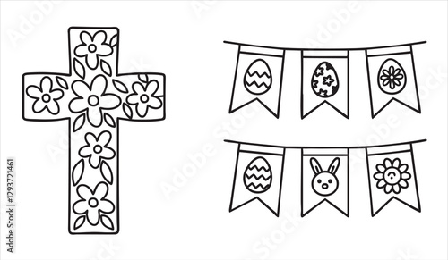 Floral cross and festive banners with Easter-themed designs.