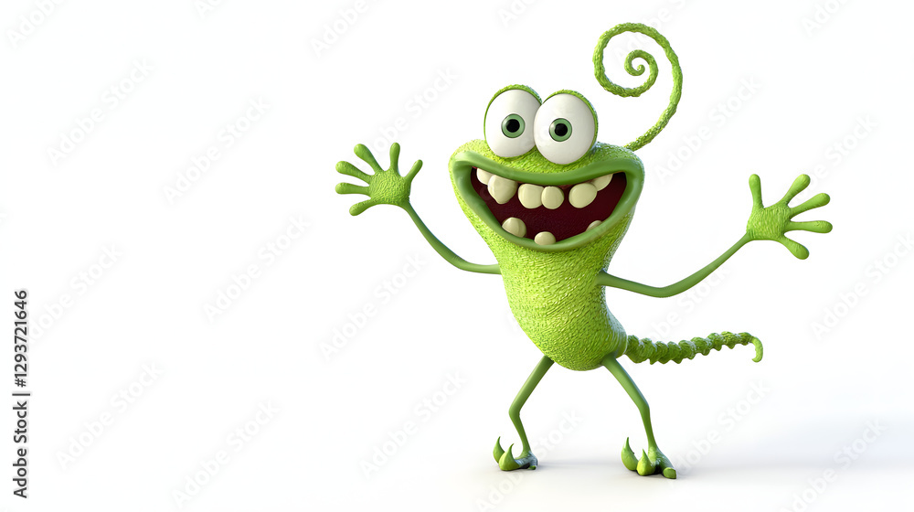 Fototapeta premium A green monster with a big smile on its face is standing on a white background