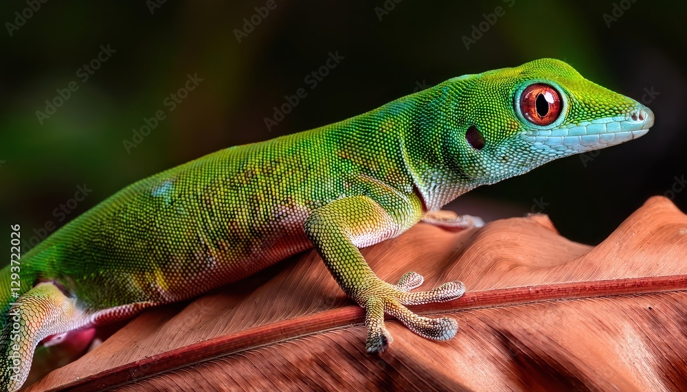 Vibrant Phelsuma grandis Basking on a Dry Leaf Amid the Malagasy Savannah, Capturing the Mystique of Dusk. Vibrant Phelsuma grandis Basking on a Dry Leaf Amid the Malagasy Savannah, Capturing the Mystique of Dusk.