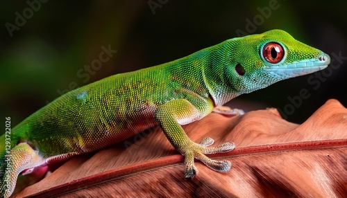 Vibrant Phelsuma grandis Basking on a Dry Leaf Amid the Malagasy Savannah, Capturing the Mystique of Dusk. photo