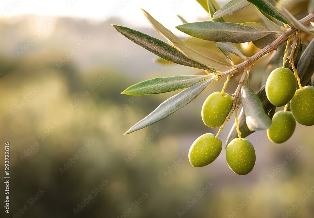 Close-up of green olives hanging from an olive tree branch, with a blurred landscape in the background. Close-up of green olives hanging from an olive tree branch, with a blurred landscape in the background.
