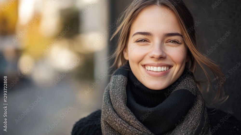 A smiling woman wears a scarf around her neck, perfect for fashion, lifestyle or travel use A smiling woman wears a scarf around her neck, perfect for fashion, lifestyle or travel use