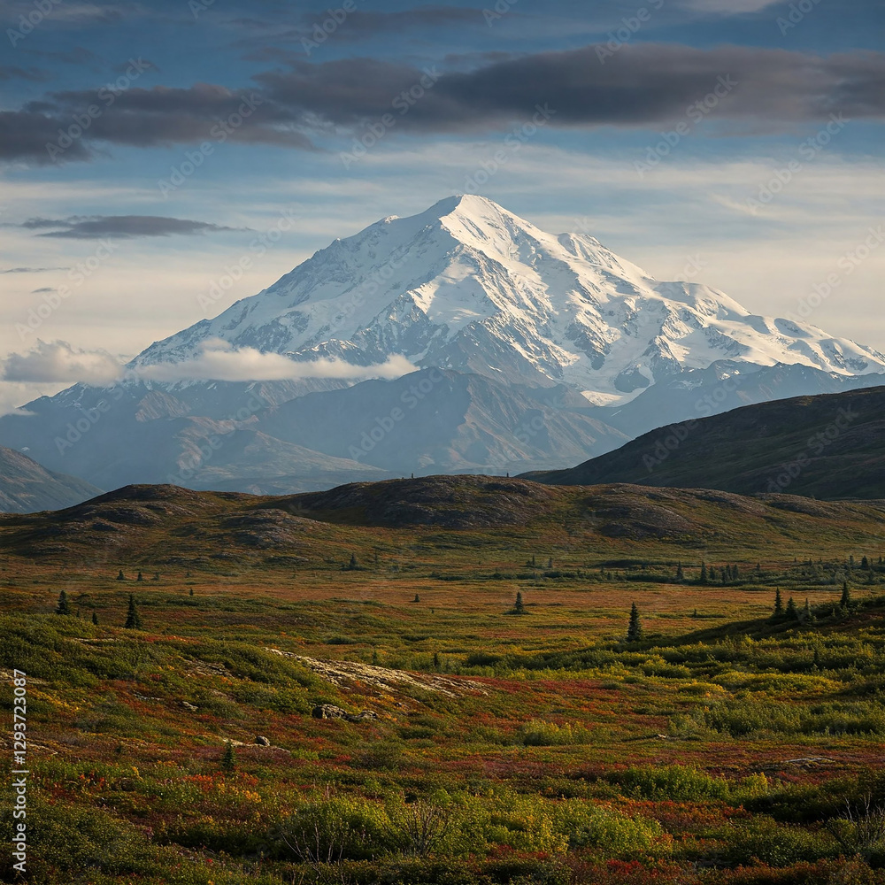 Fototapeta premium mountain with blue sky. untouched splendor of Denali National Park in Alaska featuring majestic Denali mountain expansive feeling of excitement and respect evoked by this.