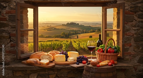 Rustic Still Life with Red Wine and Bread in Vineyard at Sunset
