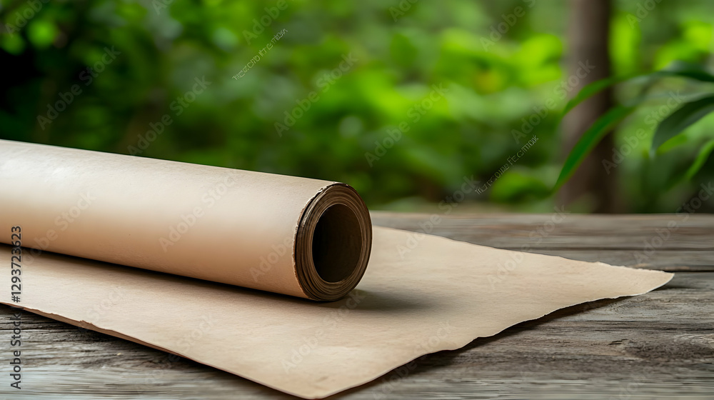 Rolled paper on wooden table, green nature background Rolled paper on wooden table, green nature background