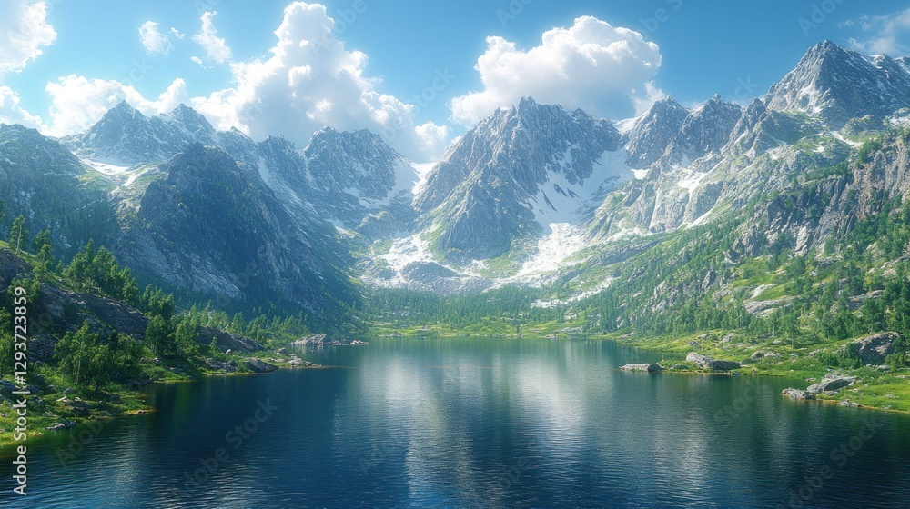 Sunny alpine lake nestled in mountain valley Sunny alpine lake nestled in mountain valley