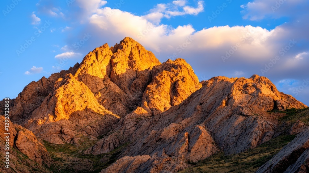 Fototapeta premium Serene mountain landscape with golden dappled sunlight on rocky cliffs, majestic beauty.